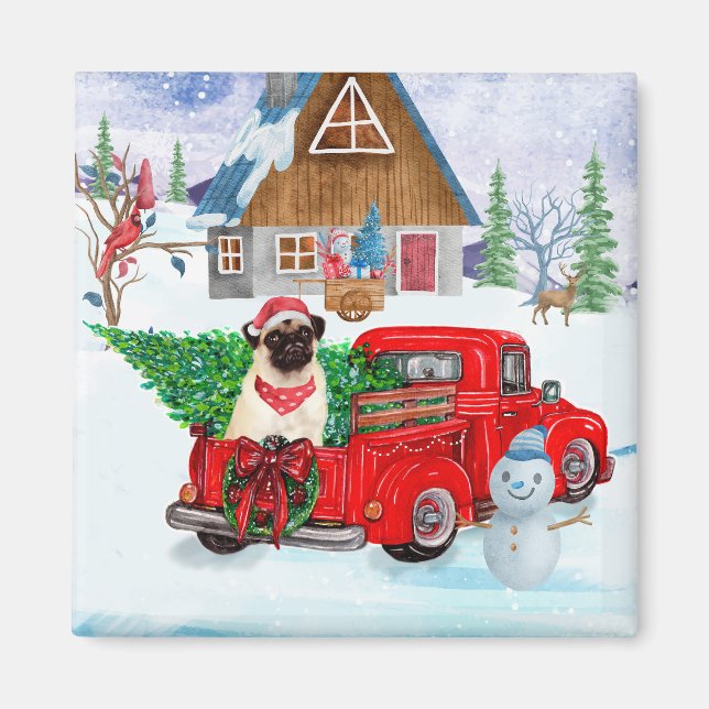 Pug Dog In Christmas Delivery Truck Snow Magnet (Front)