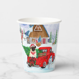 Pug Dog In Christmas Delivery Truck Snow Paper Cups