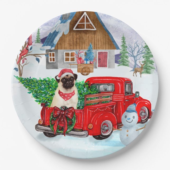 Pug Dog In Christmas Delivery Truck Snow  Paper Plate (Front)