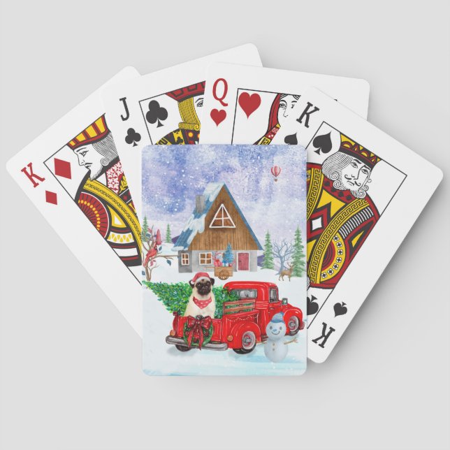 Pug Dog In Christmas Delivery Truck Snow Playing Cards (Back)