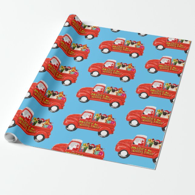Pug Dog in Christmas Delivery Truck Wrapping Paper (Unrolled)