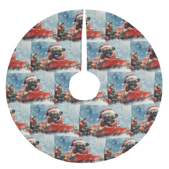 Pug Dog in Sledge Let it Snow Christmas Brushed Polyester Tree Skirt (Front)
