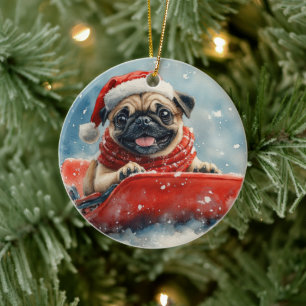 Pug Dog in Sledge Let it Snow Christmas Ceramic Tree Decoration