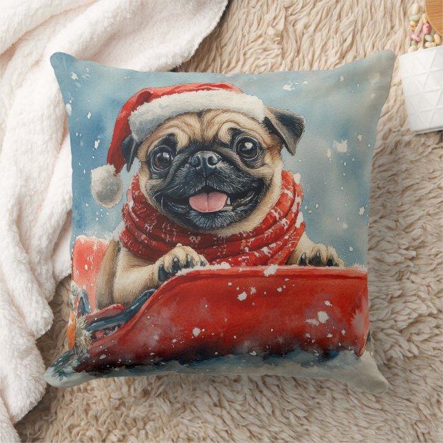 Pug Dog in Sledge Let it Snow Christmas Cushion (Blanket)