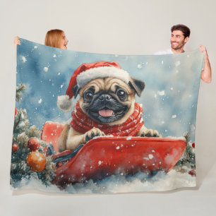 Pug Dog in Sledge Let it Snow Christmas Fleece Blanket