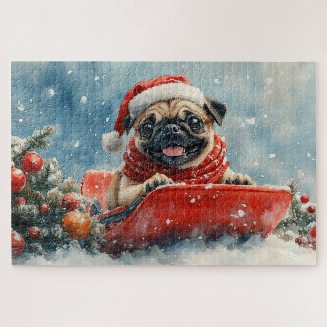Pug Dog in Sledge Let it Snow Christmas Jigsaw Puzzle (Horizontal)