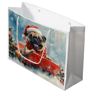 Pug Dog in Sledge Let it Snow Christmas Large Gift Bag