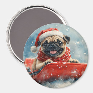 Pug Dog in Sledge Let it Snow Christmas Magnet