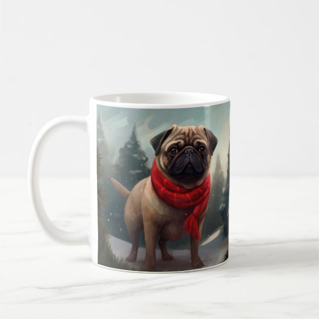 Pug Dog in Snow Christmas Coffee Mug (Left)