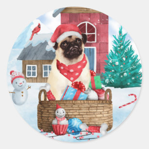 Pug Dog In snow Christmas Dog House Classic Round Sticker