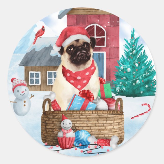Pug Dog In snow Christmas Dog House Classic Round Sticker (Front)