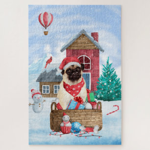Pug Dog In snow Christmas Dog House  Jigsaw Puzzle