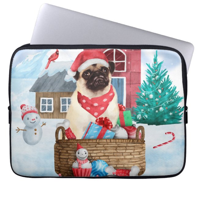Pug Dog In snow Christmas Dog House Laptop Sleeve (Front)