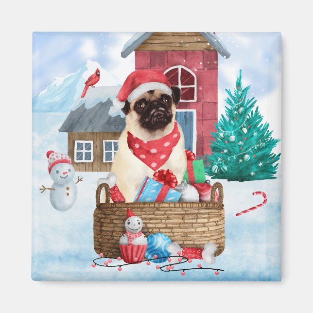 Pug Dog In snow Christmas Dog House Magnet (Front)