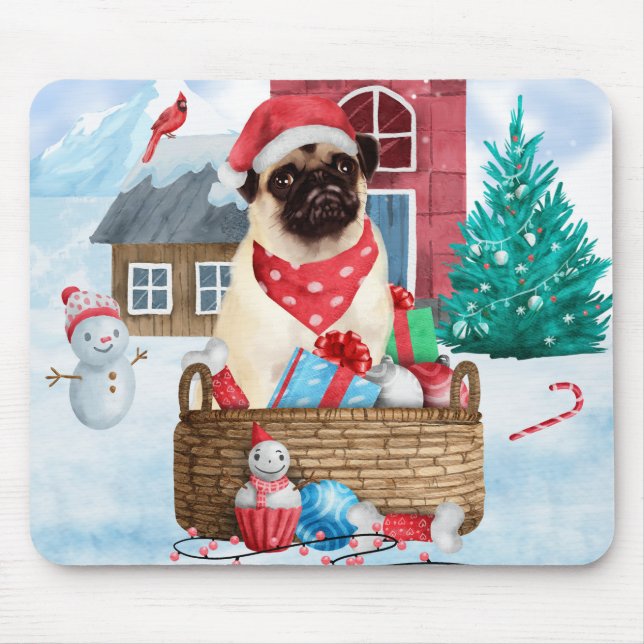 Pug Dog In snow Christmas Dog House  Mouse Mat (Front)