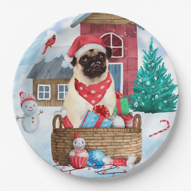 Pug Dog In snow Christmas Dog House Paper Plate (Front)