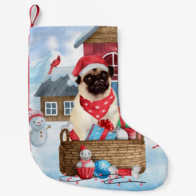 Pug Dog In snow Christmas Dog House  Small Christmas Stocking (Front)