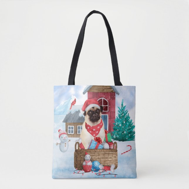 Pug Dog In snow Christmas Dog House Tote Bag (Front)