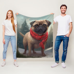 Pug Dog in Snow Christmas Fleece Blanket