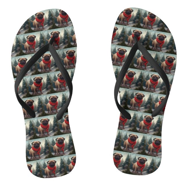 Pug Dog in Snow Christmas Flip Flops (Footbed)