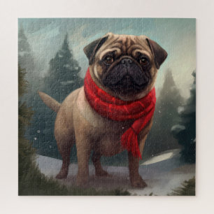 Pug Dog in Snow Christmas Jigsaw Puzzle