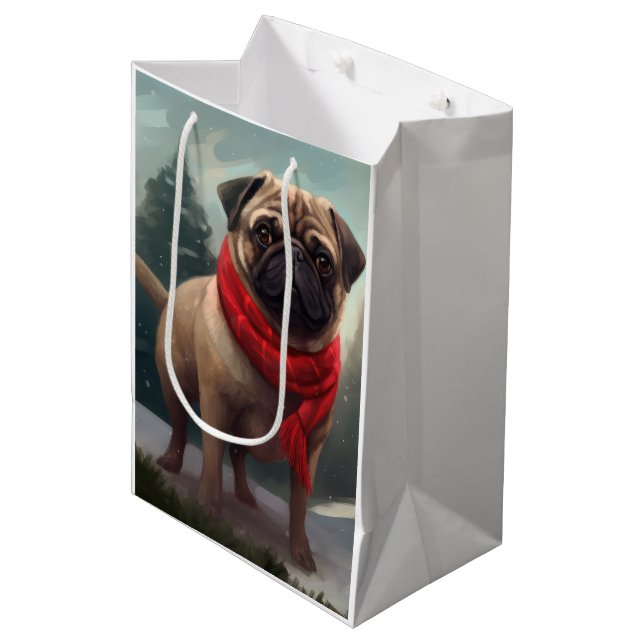 Pug Dog in Snow Christmas Medium Gift Bag (Front Angled)