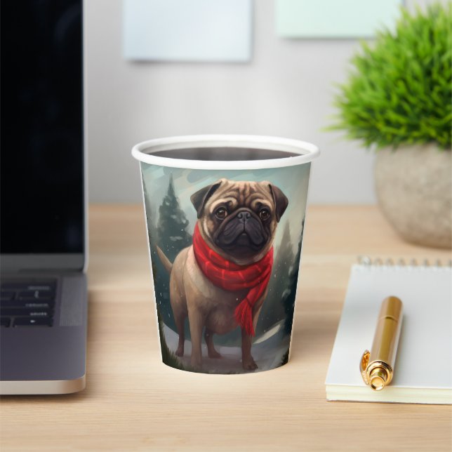 Pug Dog in Snow Christmas Paper Cups (Insitu)