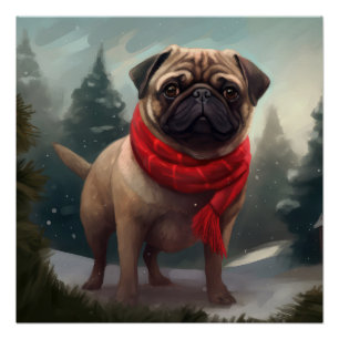 Pug Dog in Snow Christmas Poster