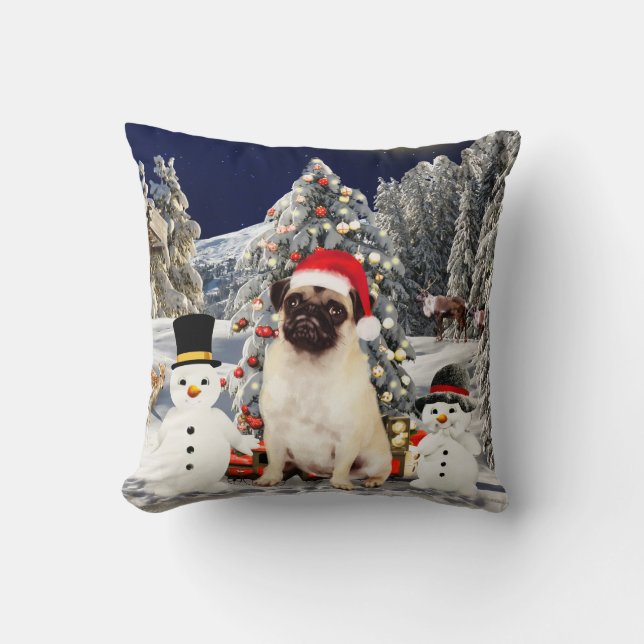 Pug Dog in Snow Christmas Santa Hat Lights Cushion (Front)
