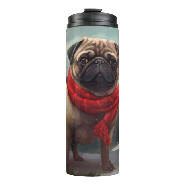 Pug Dog in Snow Christmas Thermal Tumbler (Front)