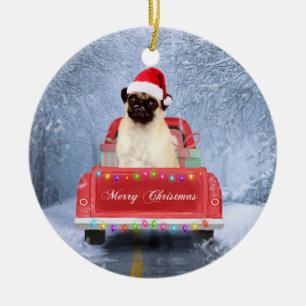 Pug Dog in Snow sitting in Christmas Truck  Ceramic Tree Decoration