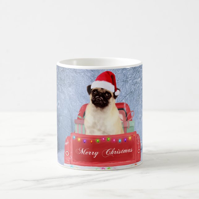 Pug Dog in Snow sitting in Christmas Truck Coffee Mug (Center)