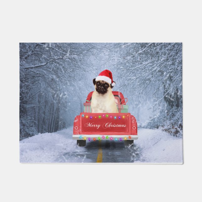 Pug Dog in Snow sitting in Christmas Truck  Doormat (Front)