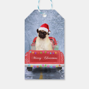 Pug Dog in Snow sitting in Christmas Truck Gift Tags
