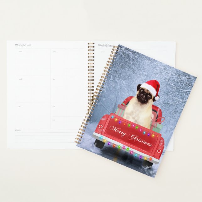 Pug Dog in Snow sitting in Christmas Truck  Planner (Display)