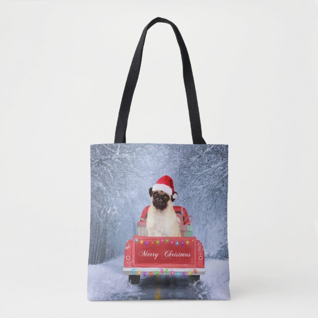 Pug Dog in Snow sitting in Christmas Truck  Tote Bag (Front)