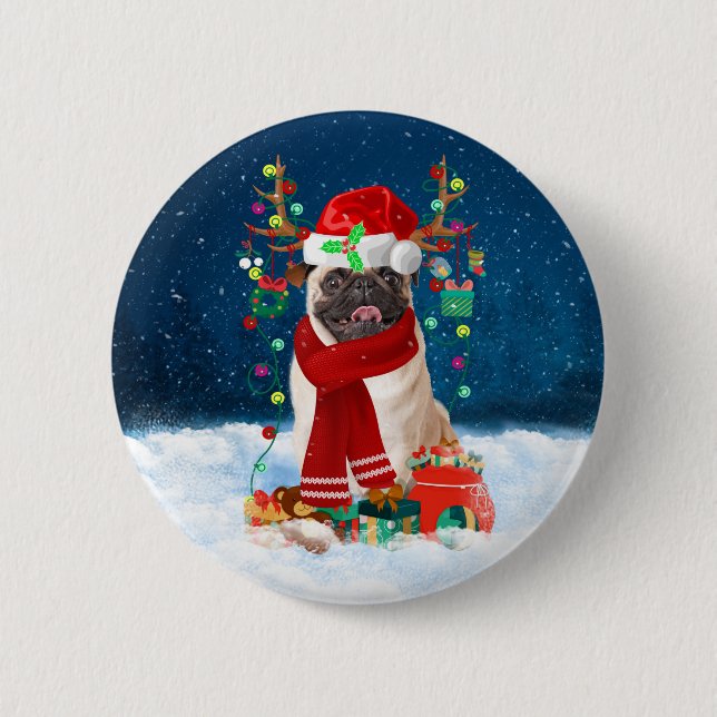 Pug Dog in Snow with Christmas Gifts  6 Cm Round Badge (Front)