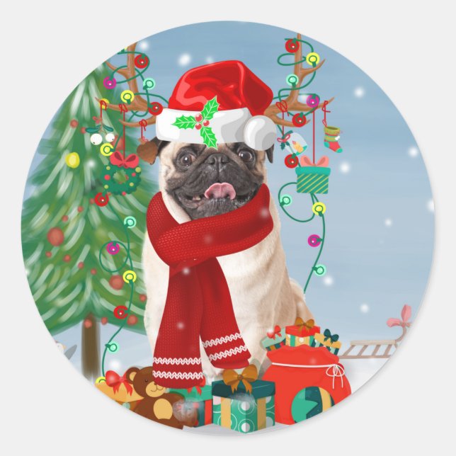 Pug Dog in Snow with Christmas Gifts   Classic Round Sticker (Front)