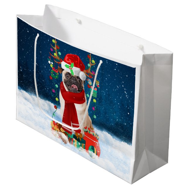 Pug Dog in Snow with Christmas Gifts  Large Gift Bag (Front Angled)