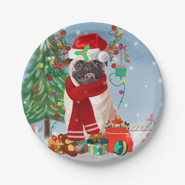 Pug Dog in Snow with Christmas Gifts   Paper Plate (Front)