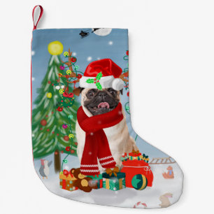 Pug Dog in Snow with Christmas Gifts   Small Christmas Stocking