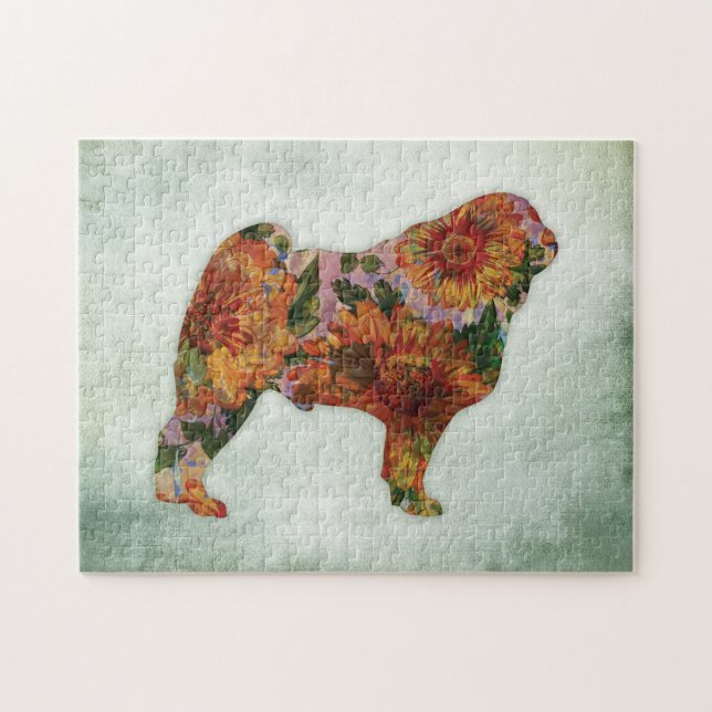 Pug Dog Jigsaw Puzzle Floral On Green (Horizontal)