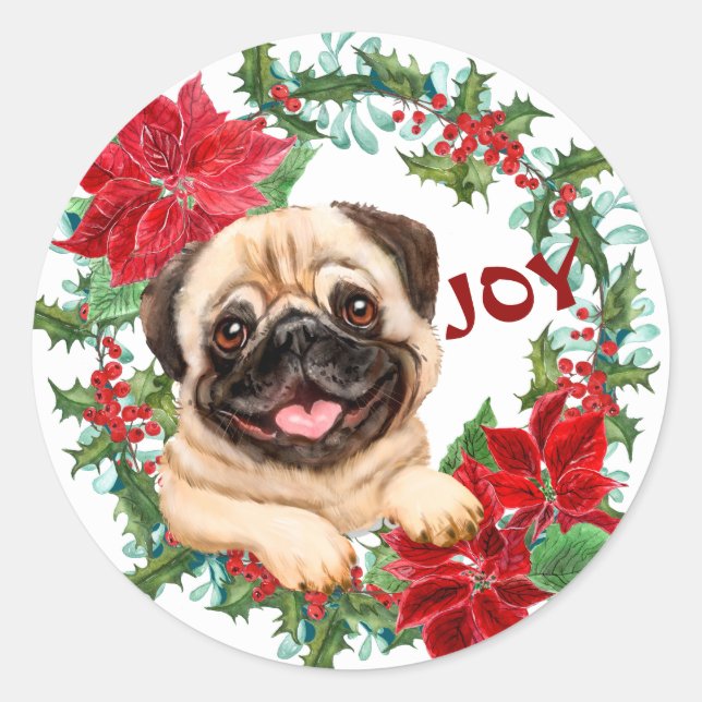 Pug Dog Joy Poinsettia Christmas Wreath Classic Round Sticker (Front)