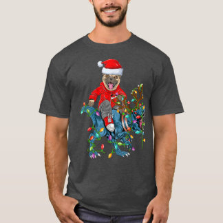 Pug Dog Lover Xmas Lights Pug Riding Dinosaur Chri T-Shirt