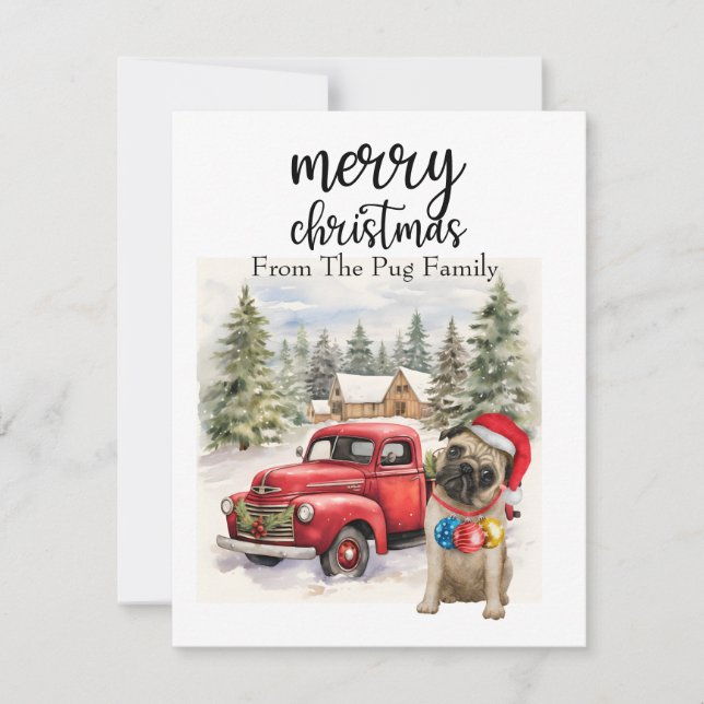 PUG Dog Merry Christmas on Red Gold marble Holiday Card (Front)
