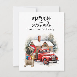 PUG Dog Merry Christmas on Red Gold marble Holiday Card