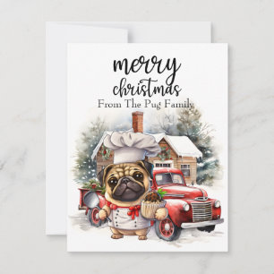 PUG Dog Merry Christmas on Red Gold marble Holiday Card