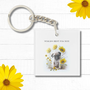 Pug Dog Mum Cute Watercolor Floral Personalised Key Ring