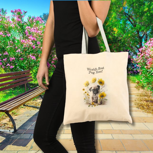 Pug Dog Mum Cute Watercolor Floral Personalised Tote Bag (Edit/ replace/ delete text.  Change image for your own, if required)
