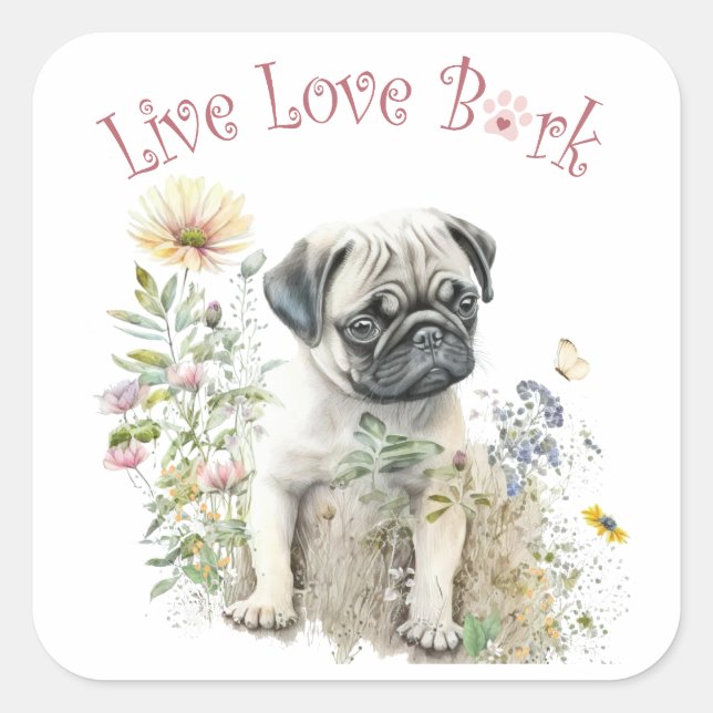 Pug Dog Mum Floral Square Sticker (Front)
